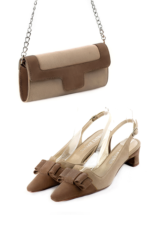 Women's tan beige and chocolate brown luxurious elegant clutch for ceremonies, weddings and evenings out. - Worn view